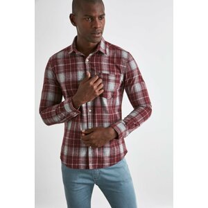 Trendyol Burgundy Men's Plaid Button Collar Slim Fit Shirt