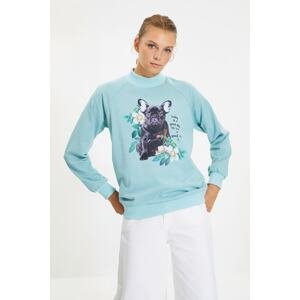 Trendyol Mint Stand Collar Loose Printed Knitted Slim Sweatshirt
