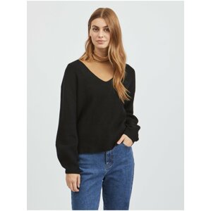 Black Women's Loose Ribbed Sweater with V-neck VILA Ril - Women