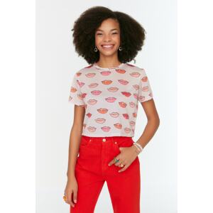 Trendyol Beige Printed Crop Knitted T-Shirt