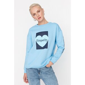 Trendyol Light Blue Raised Printed Loose Knitted Sweatshirt