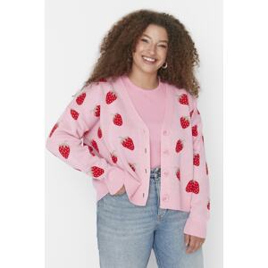 Trendyol Curve Pink Strawberry Patterned V Neck Knitwear Cardigan