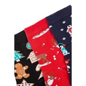 Trendyol Red Jacquard Christmas Themed 3-Pack Socks