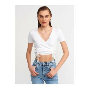 Dilvin 10194 Double-breasted Collar Pleated Front Tricot Crop-ecru.