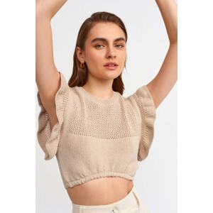 Dilvin 10176 Crop Sweater with Ruffled Sleeves-beige