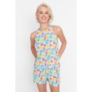 Trendyol Blue Cat Printed Singlet-Shorts and Knitted Pajamas Set