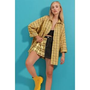 Trend Alaçatı Stili Women's Yellow Plaid Sleeves Epaulette Oversize Lumberjack Shirt