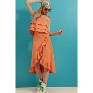 Trend Alaçatı Stili Women's Orange Crop Blouse with Rope Straps, And a Wrapped Linen Skirt with Flounces, Top and Bottom Set