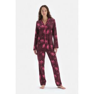 Dagi Burgundy Floral Pattern Knitted Shirt Pajamas Set