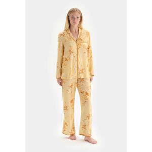 Dagi Yellow Jacket Collar Long Sleeve Floral Pattern Pajamas Set
