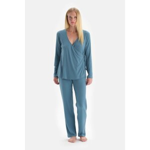 Dagi Blue V-Neck Long Sleeve Double Breasted Top Pajamas Set