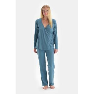 Dagi Blue V-Neck Long Sleeve Double Breasted Top Pajamas Set
