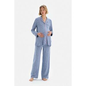 Dagi Blue Shirt Collar Wenge Top Floral Pattern Pajamas Set