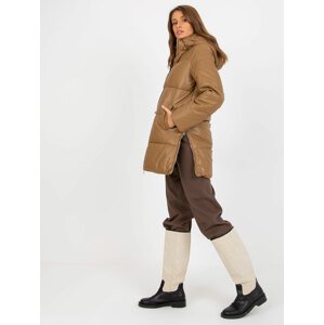Camel winter jacket made of eco-leather with stitching