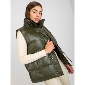 Khaki down vest made of eco leather with pockets