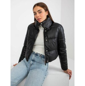 Black short down jacket made of eco-leather with pockets