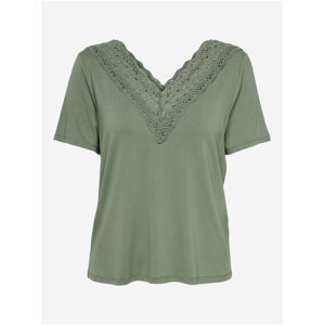 Khaki V-neck T-shirt with lace JDY Camma - Women