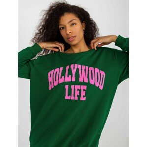 Dark green and pink oversize long sweatshirt with slogan
