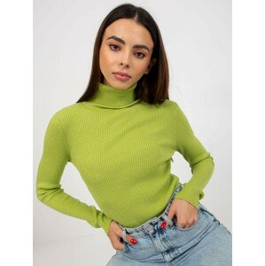 Light green fitted ribbed sweater with turtleneck