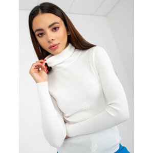 Lady's white ribbed sweater with turtleneck