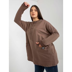 Basic brown plus size cotton sweatshirt with drawstrings
