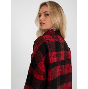 Black and red plaid outer shirt with inscriptions