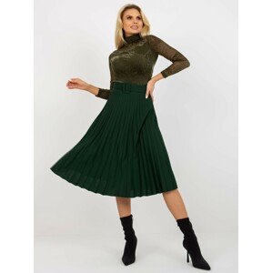 Dark green pleated midi skirt with belt by Ennice