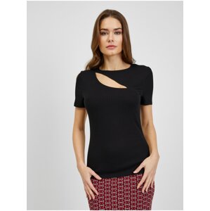 Black women's ribbed T-shirt with a slit ORSAY