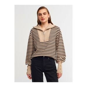 Dilvin 10251 Truck Collar Zipper Striped Pullover-kbeige-black