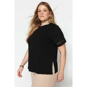Trendyol Curve Black Knitted Crew Neck Lace Detailed T-Shirt
