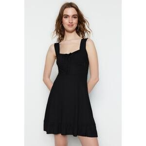 Trendyol Black Square Neck Flounce A-Line Mini kötött ruha