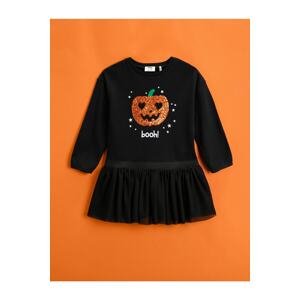 Koton Sweatshirt Dress With Tulle Long Sleeves, Pumpkin Sequins Embroidered.