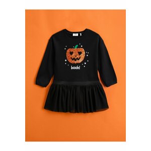 Koton Sweatshirt Dress With Tulle Long Sleeves, Pumpkin Sequins Embroidered.