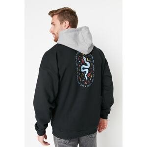 Trendyol Black Oversize/Wide Cut Hooded Text Printed Fleece Sweatshirt