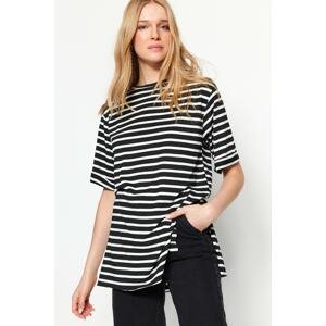 Trendyol Black Striped Slit Detailed Oversized/Wide Fit Crewneck Knitted T-Shirt