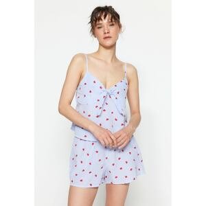 Trendyol Blue Striped Heart Pattern Poplin Tank Top-Shorts Woven Pajamas Set