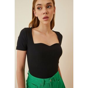 Happiness İstanbul Women's Black Heart Collar Corduroy Knitted Blouse