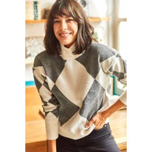 Olalook Women's Ecru Gray Half Turtleneck Soft Textured Thick Knitwear Sweater