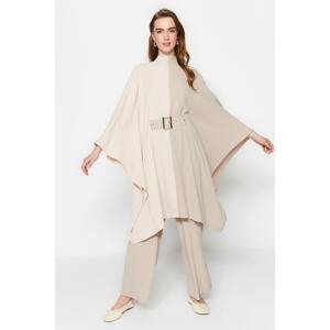 Trendyol Beige Color Block Waist Belted Tunic-Pants Woven Suit