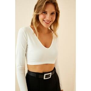 Happiness İstanbul Women's White V-Neck Crop Jersey Blouse