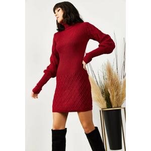 Olalook Women's Burgundy Sweater with Sleeves and Skirt Textured Sweater Dress
