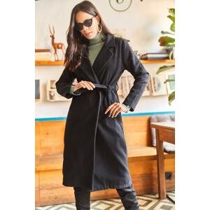 Olalook Women's Black Belted Lined Long Stamped Coat with Pocket