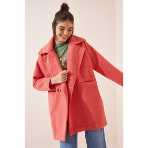 Happiness İstanbul Women's Pink Shawl Collar Oversized Stamped Coat