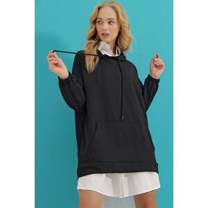 Trend Alaçatı Stili Women's Black Hooded Oversized Sweatshirt with Kangaroo Pocket