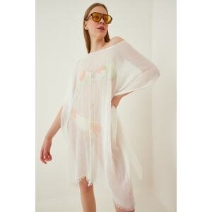 Happiness İstanbul Women's Off-White Cotton See-through Oversized Tulle Beach Dress