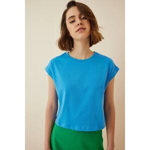 Happiness İstanbul Women's Blue 100% Cotton Crop Knitted T-shirt