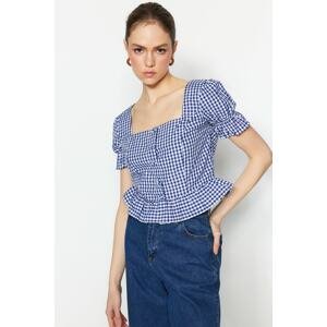 Trendyol Navy Blue Square Collar Gingham Print Blouse with Woven Buttons