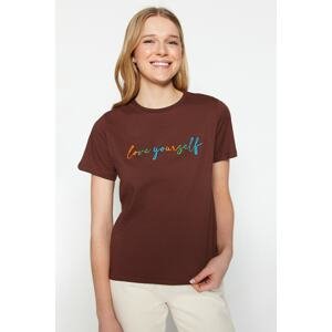 Trendyol Brown 100% Cotton Motto Embroidered Comfortable Cut, Basic Crew Neck Knitted T-Shirt