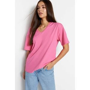 Trendyol Pink 100% Cotton Oversize V-Neck Knitted T-Shirt