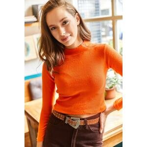 Olalook Women's Orange Half Turtleneck Corded Crop Sweater